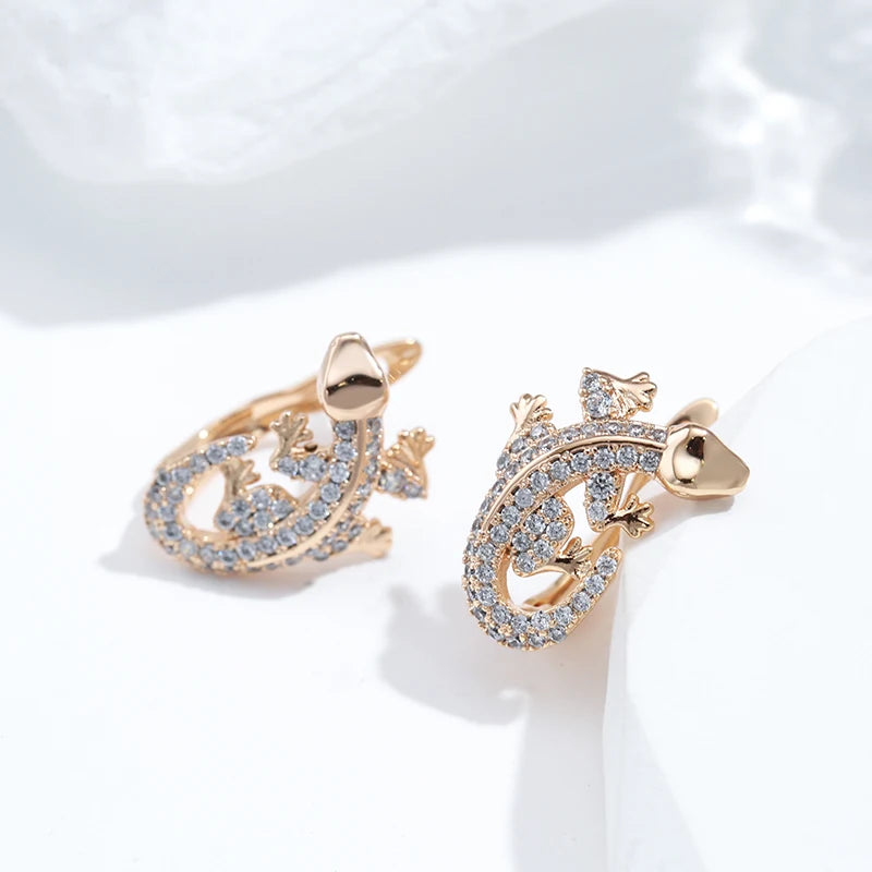 New Unusual 585 Rose Gold Lizard Earrings Daily Women Fashion Animal Jewelry Covered with Natural Zircon Drop Earrings