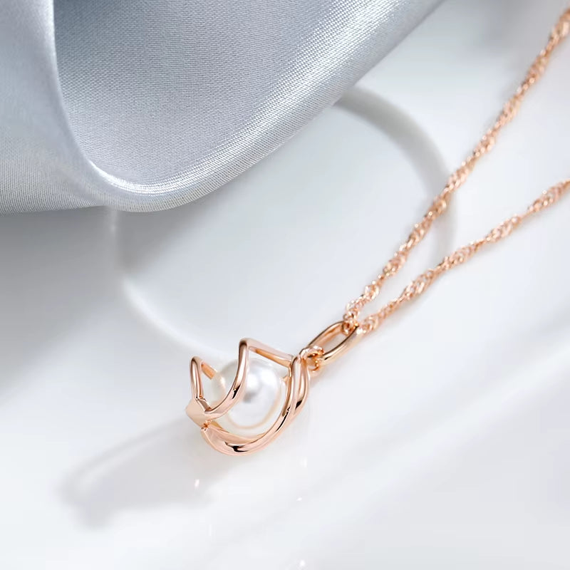 Luxury 585 Rose Gold Pendant Necklace for Women Unique Geometric Hollow Pearl Bridal Wedding Jewelry Daily Wear Gift