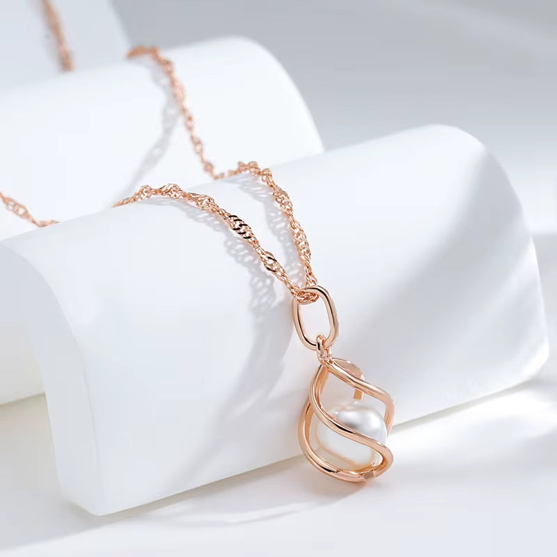 Luxury 585 Rose Gold Pendant Necklace for Women Unique Geometric Hollow Pearl Bridal Wedding Jewelry Daily Wear Gift