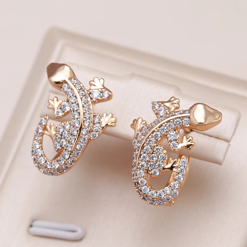 New Unusual 585 Rose Gold Lizard Earrings Daily Women Fashion Animal Jewelry Covered with Natural Zircon Drop Earrings