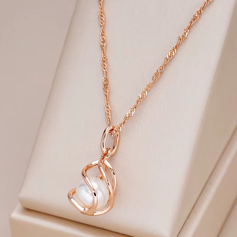 Luxury 585 Rose Gold Pendant Necklace for Women Unique Geometric Hollow Pearl Bridal Wedding Jewelry Daily Wear Gift