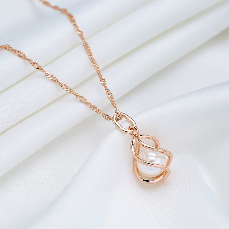 Luxury 585 Rose Gold Pendant Necklace for Women Unique Geometric Hollow Pearl Bridal Wedding Jewelry Daily Wear Gift