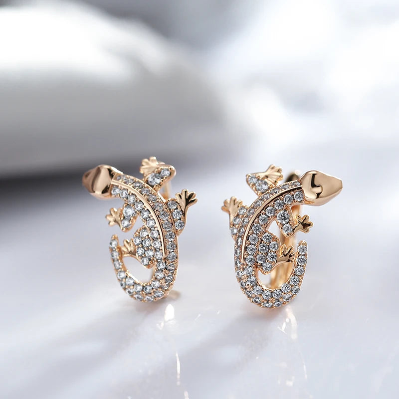 New Unusual 585 Rose Gold Lizard Earrings Daily Women Fashion Animal Jewelry Covered with Natural Zircon Drop Earrings