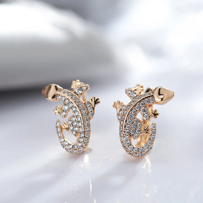 New Unusual 585 Rose Gold Lizard Earrings Daily Women Fashion Animal Jewelry Covered with Natural Zircon Drop Earrings