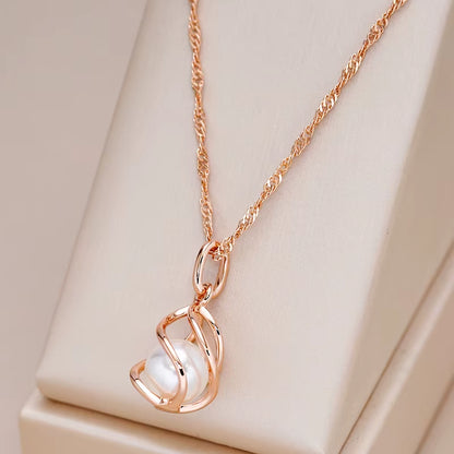 Luxury 585 Rose Gold Pendant Necklace for Women Unique Geometric Hollow Pearl Bridal Wedding Jewelry Daily Wear Gift