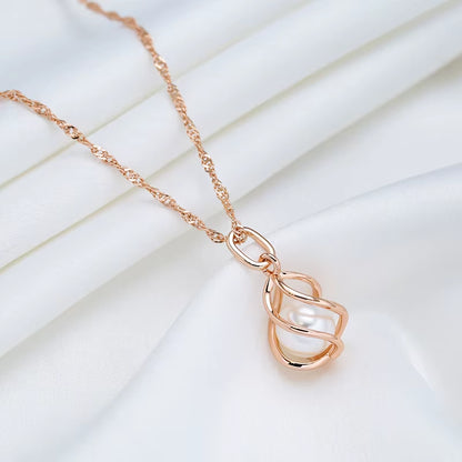 Luxury 585 Rose Gold Pendant Necklace for Women Unique Geometric Hollow Pearl Bridal Wedding Jewelry Daily Wear Gift